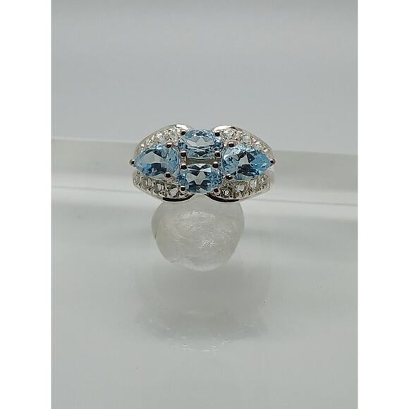 NOS Vintage Estate Blue Topaz Simulated Diamond Sterling Silver Ring Size 7.5 - Picture 4 of 12